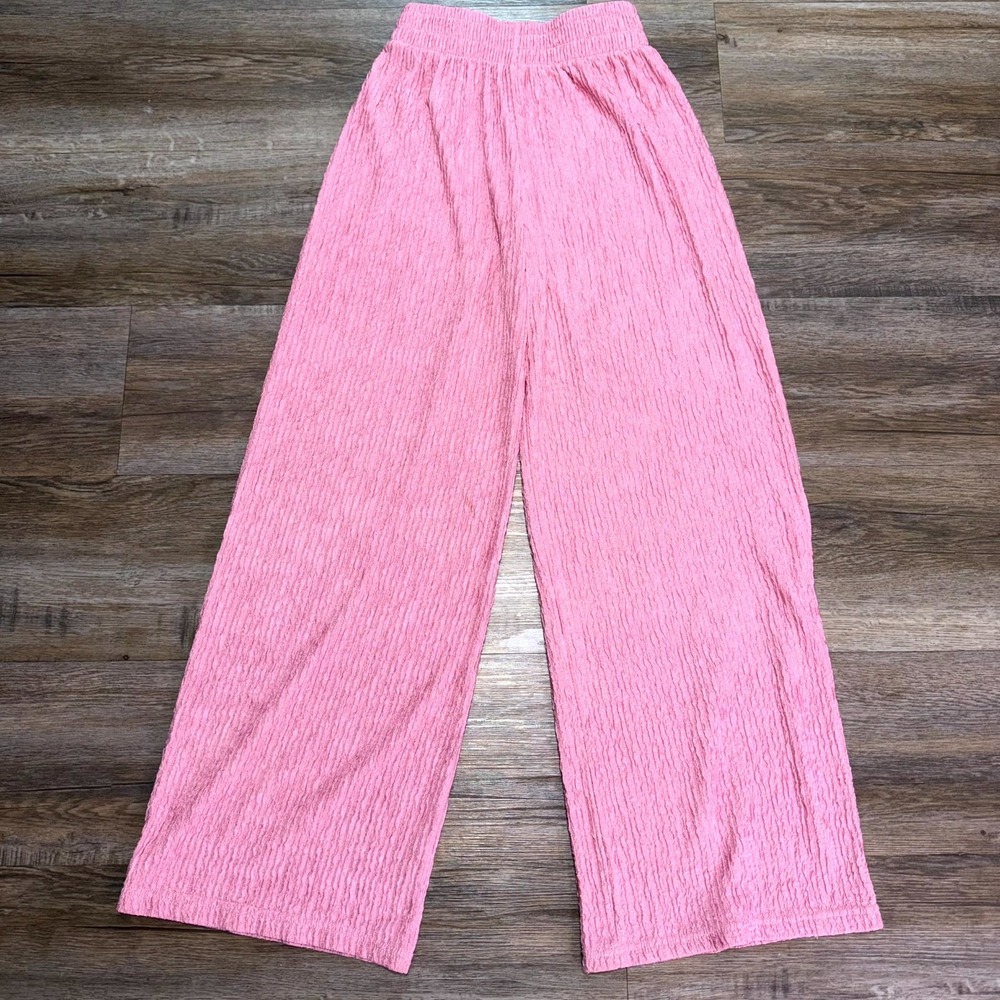 Bloom Seasons Pants Womens Small Pink Crinkled Wide Leg Smocked Elastic Waist